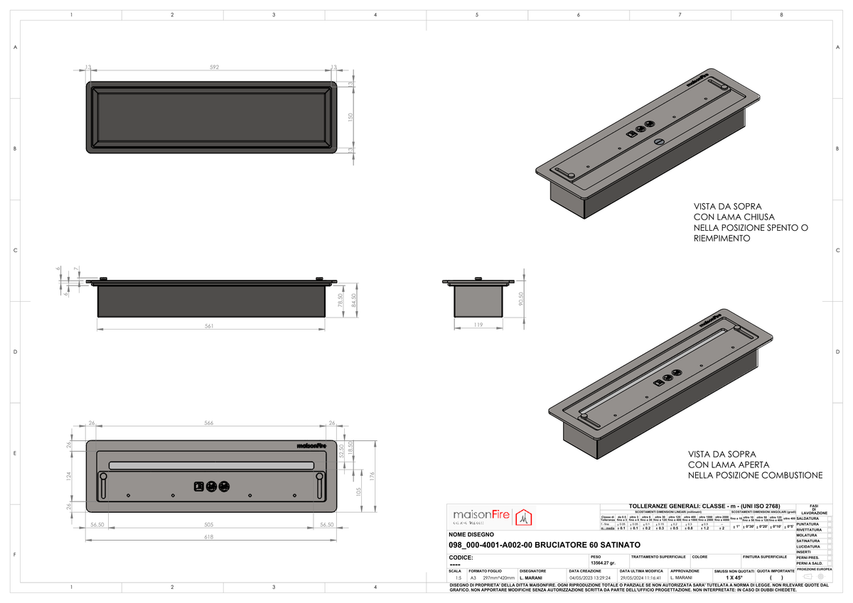 Bruciatore 60 cm Acciaio Satinato maisonFire - Scheda tecnica ufficiale maisonFire