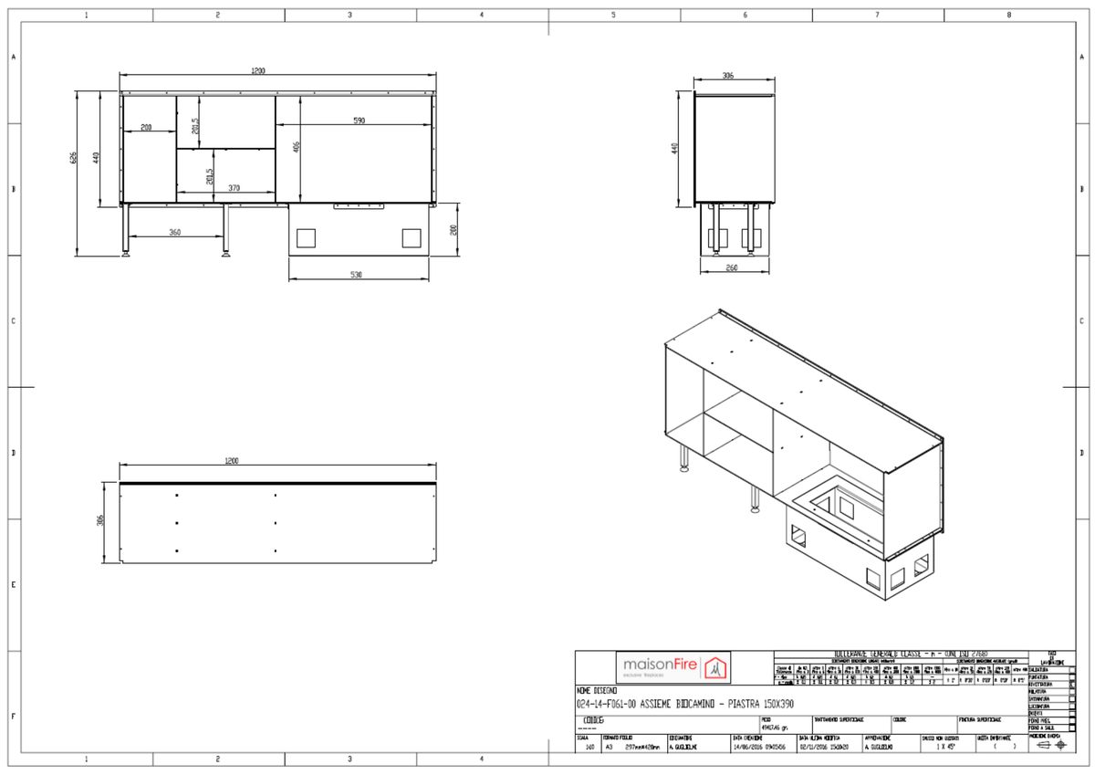 Camino a Bioetanolo Incasso 120 Fuoco Asimmetrico maisonFire - Scheda tecnica ufficiale maisonFire