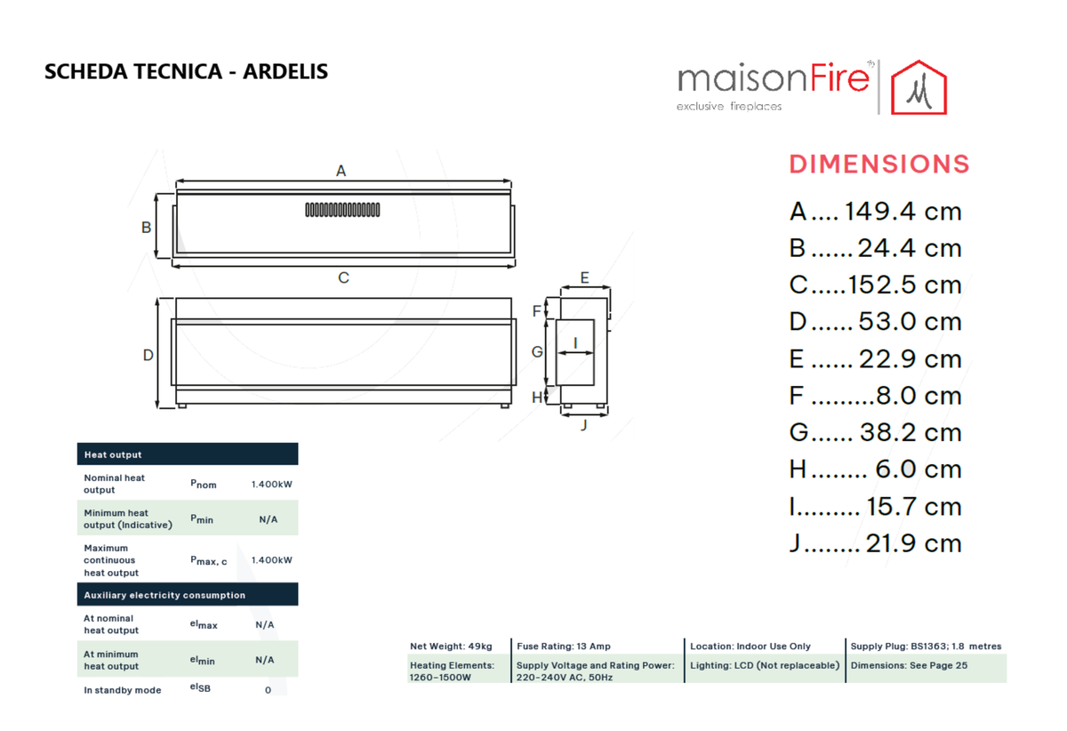 Camino elettrico LCD Ardelis maisonFire - Scheda tecnica ufficiale maisonFire