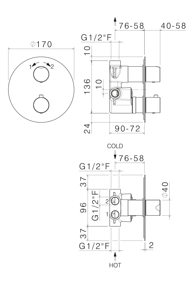 Disegno tecnico Vema V08115 - Miscelatore termostatico doccia Wellness Steel da incasso