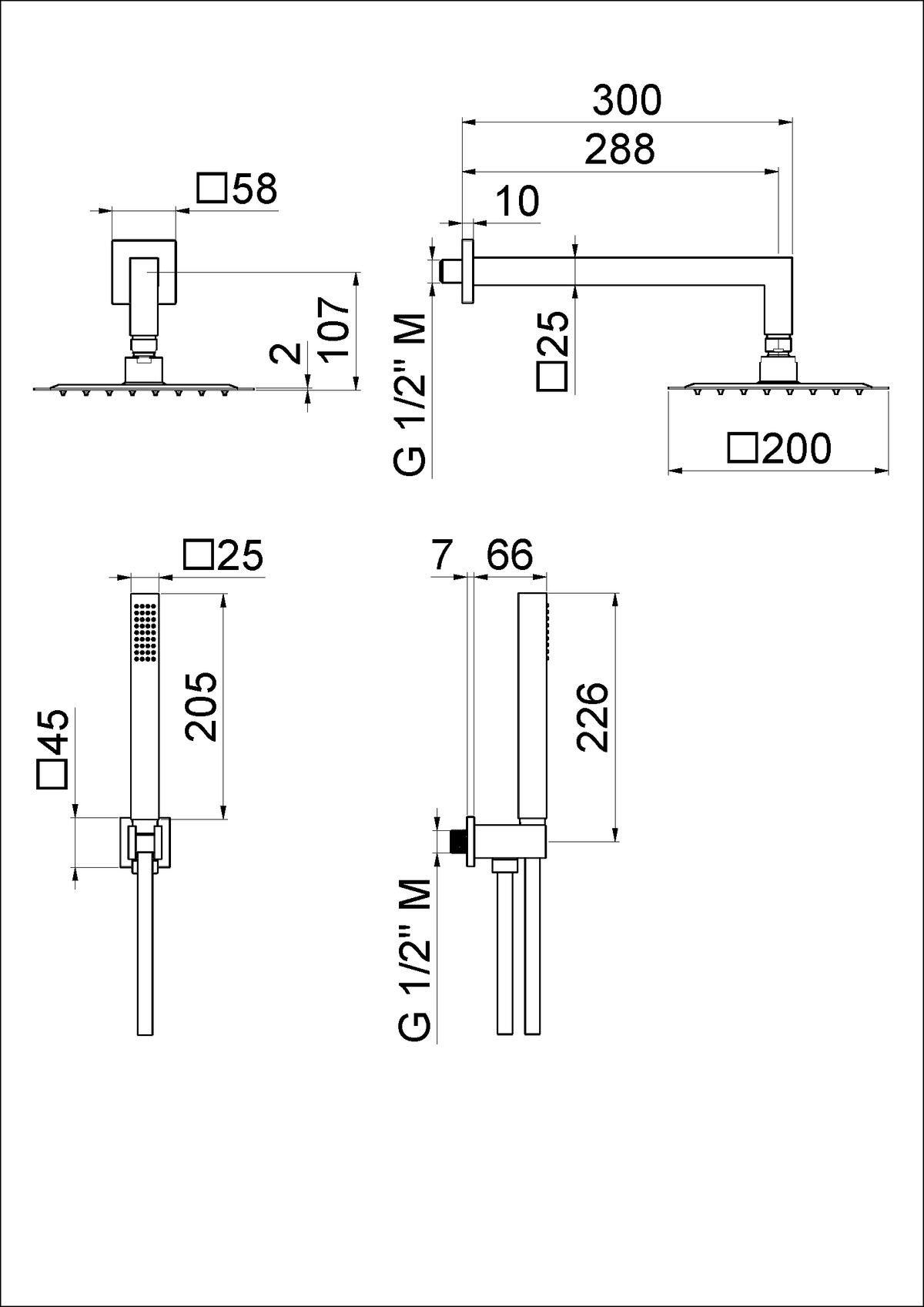 Disegno tecnico Vema V08137 - Kit doccia Wellness Brass quadro 300 mm