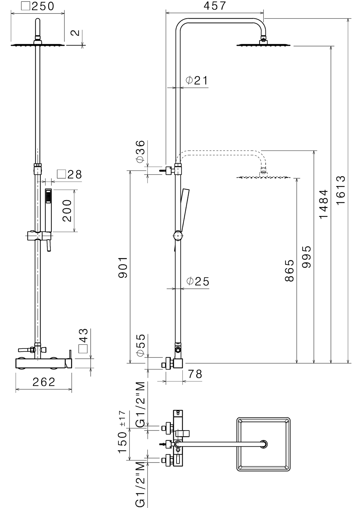Disegno tecnico Vema V08229 - Colonna doccia Wellness Brass a parete quadro