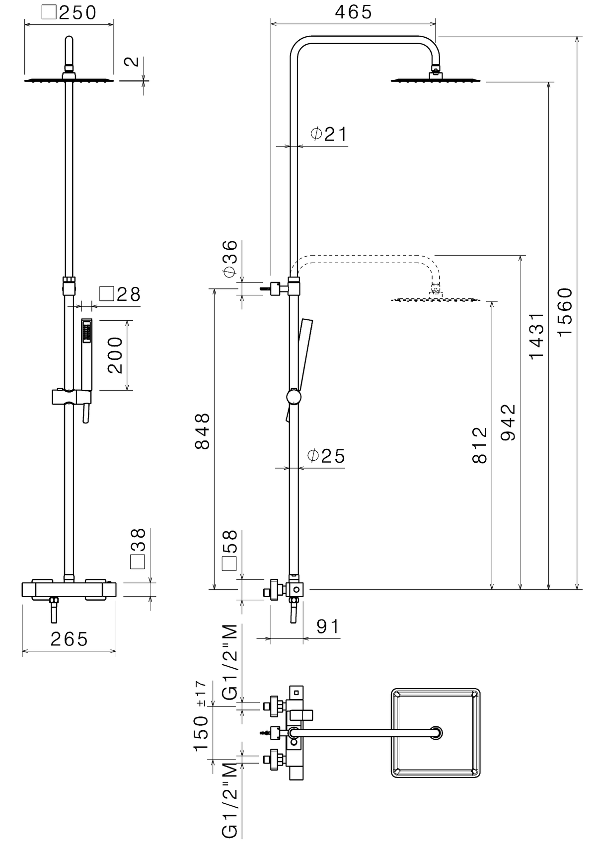 Disegno tecnico Vema V08231 - Colonna doccia Wellness Brass a parete termostatico quadro