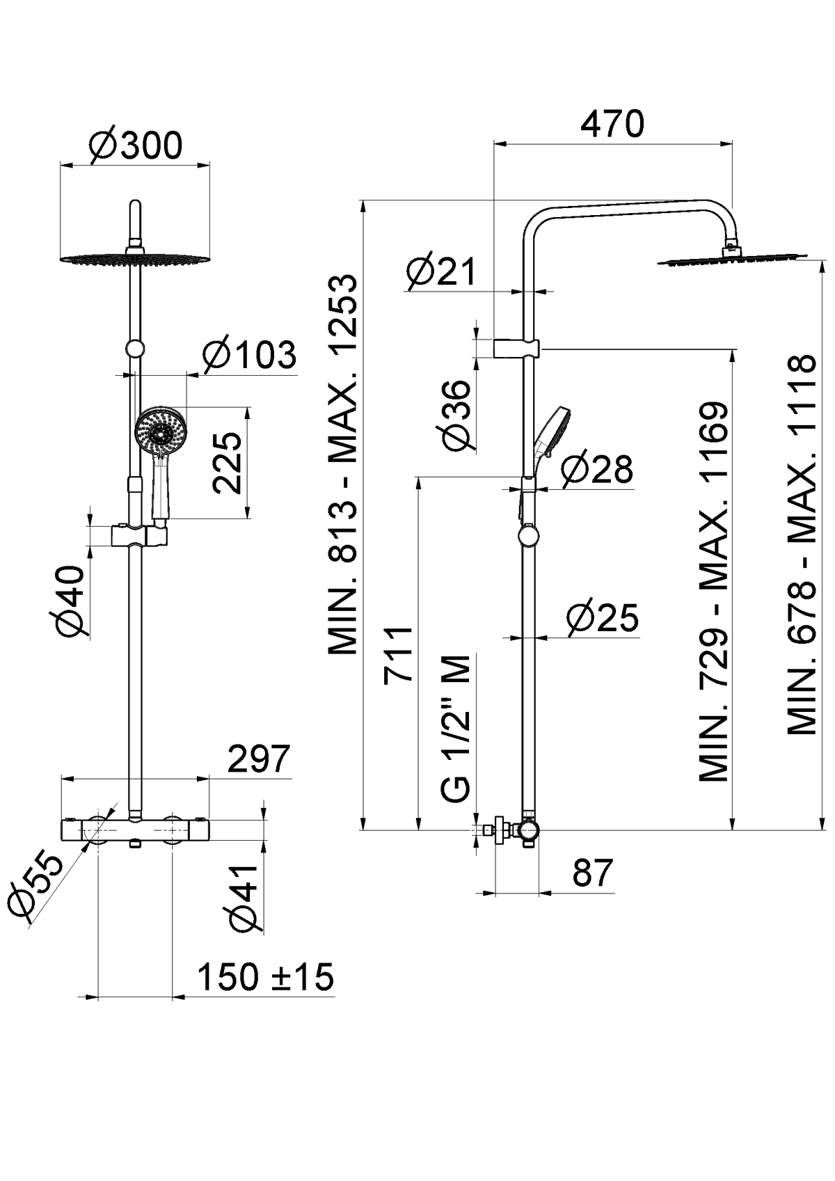 Disegno tecnico Vema V08235 - Colonna doccia Wellness Brass a parete termostatico tondo