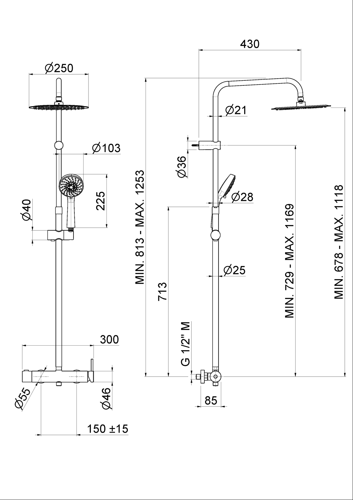 Disegno tecnico Vema V08236 - Colonna doccia Wellness Brass a parete tondo
