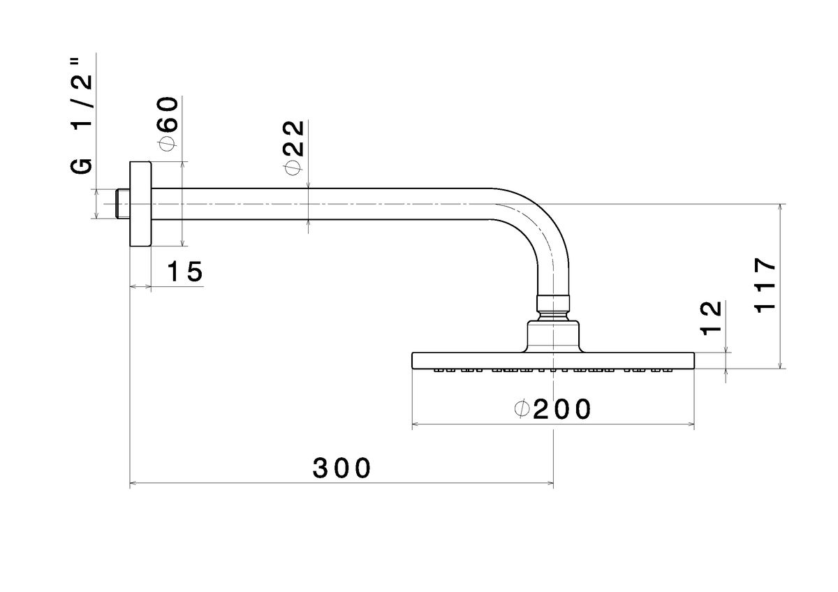 Disegno tecnico Vema V13200 - Soffione doccia Wellness Brass a parete 200 mm