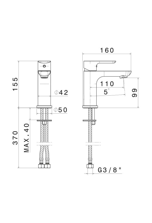 Disegno tecnico Vema V14011 - Miscelatore lavabo Slate senza scarico
