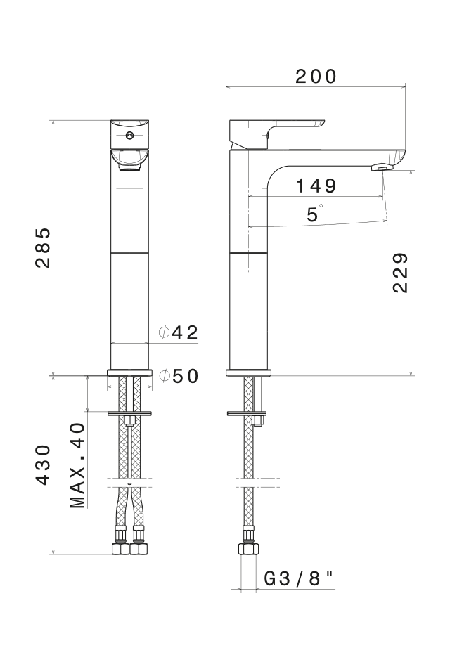 Disegno tecnico Vema V14021 - Miscelatore lavabo Slate alto senza scarico