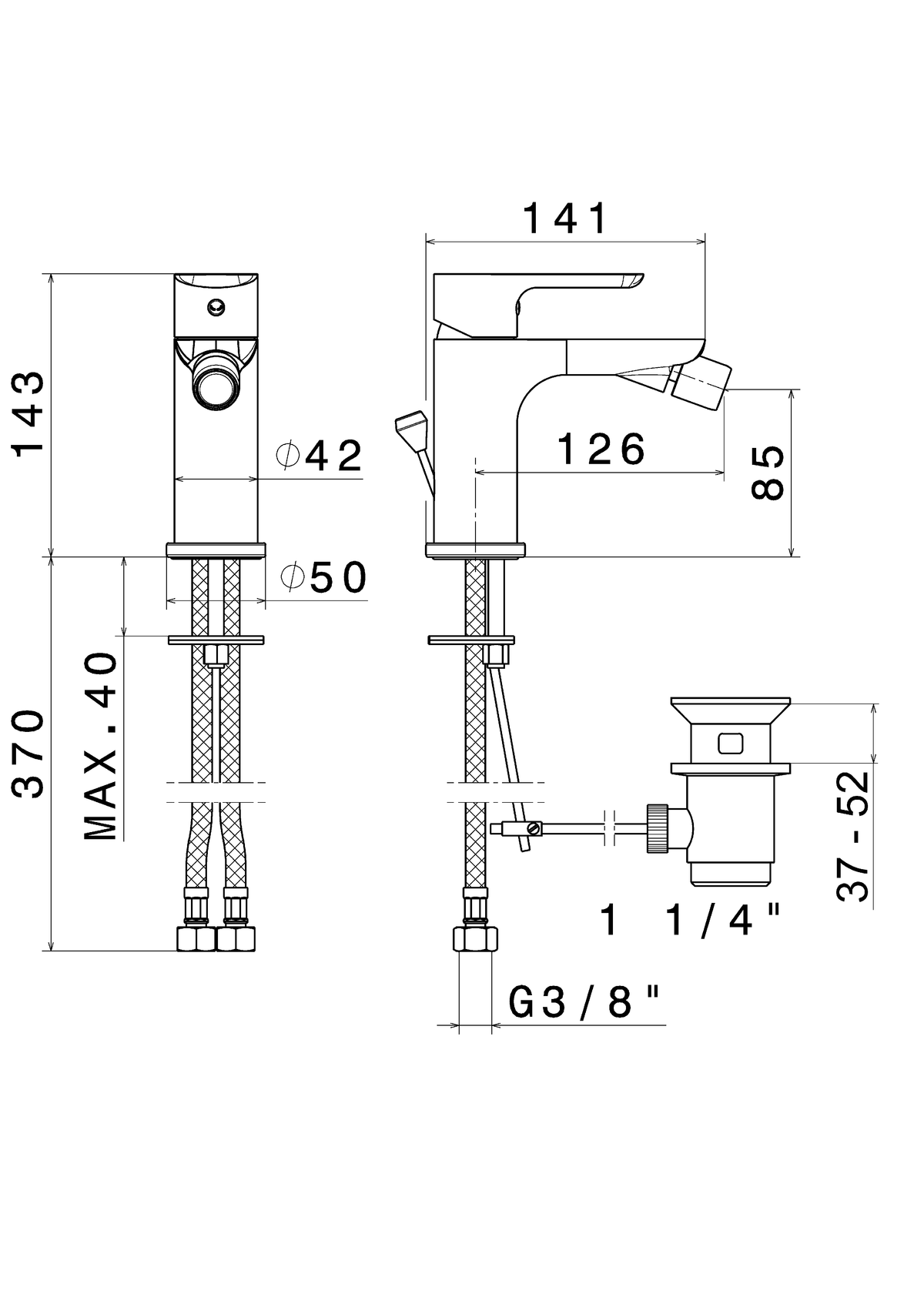 Disegno tecnico Vema V14070 - Miscelatore bidet Slate con scarico