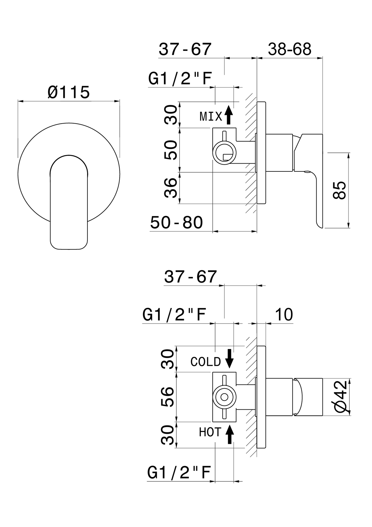 Disegno tecnico Vema V14130 - Miscelatore doccia Slate da incasso