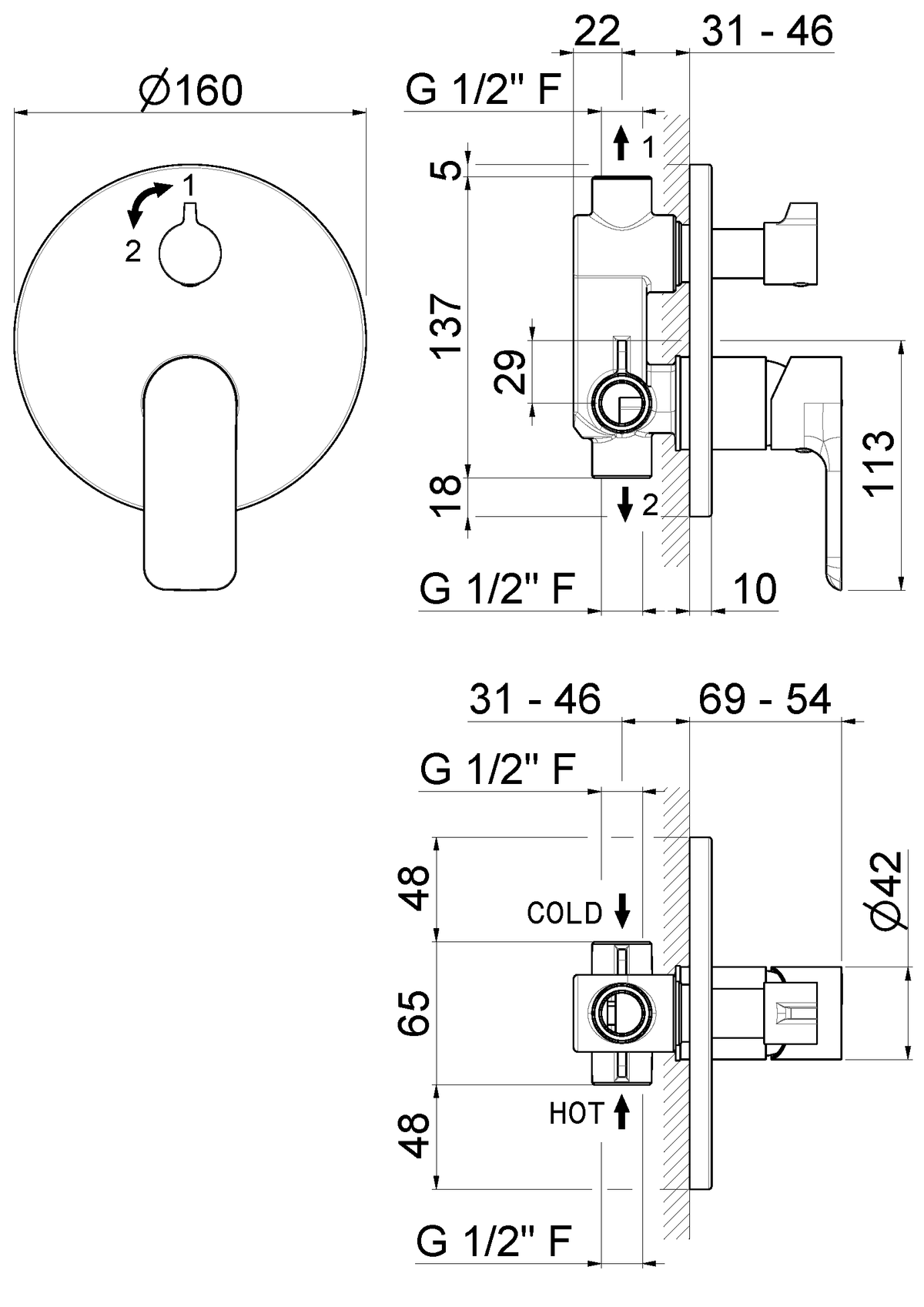 Disegno tecnico Vema V14142 - Miscelatore vasca Slate da incasso
