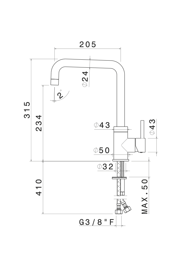Disegno tecnico Vema V15020 - Miscelatore cucina Riace