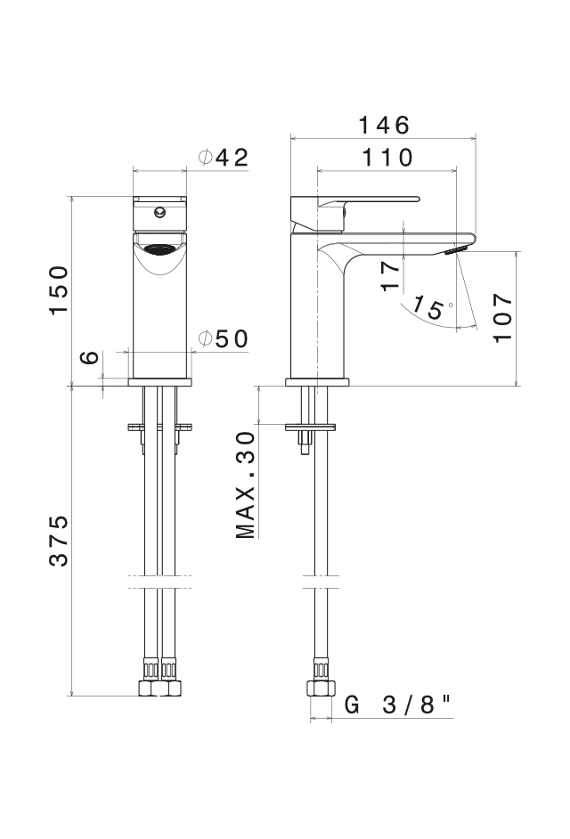 Disegno tecnico Vema V16011 - Miscelatore lavabo Timea senza scarico