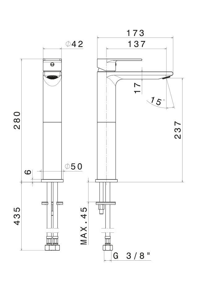 Disegno tecnico Vema V16021 - Miscelatore lavabo Timea alto senza scarico