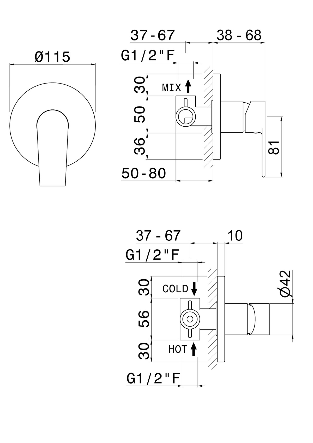 Disegno tecnico Vema V16030 - Miscelatore doccia Timea da incasso
