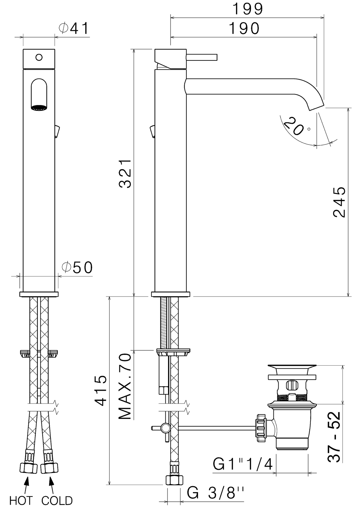 Disegno tecnico Vema V17020 - Miscelatore lavabo Tiber Steel alto con scarico