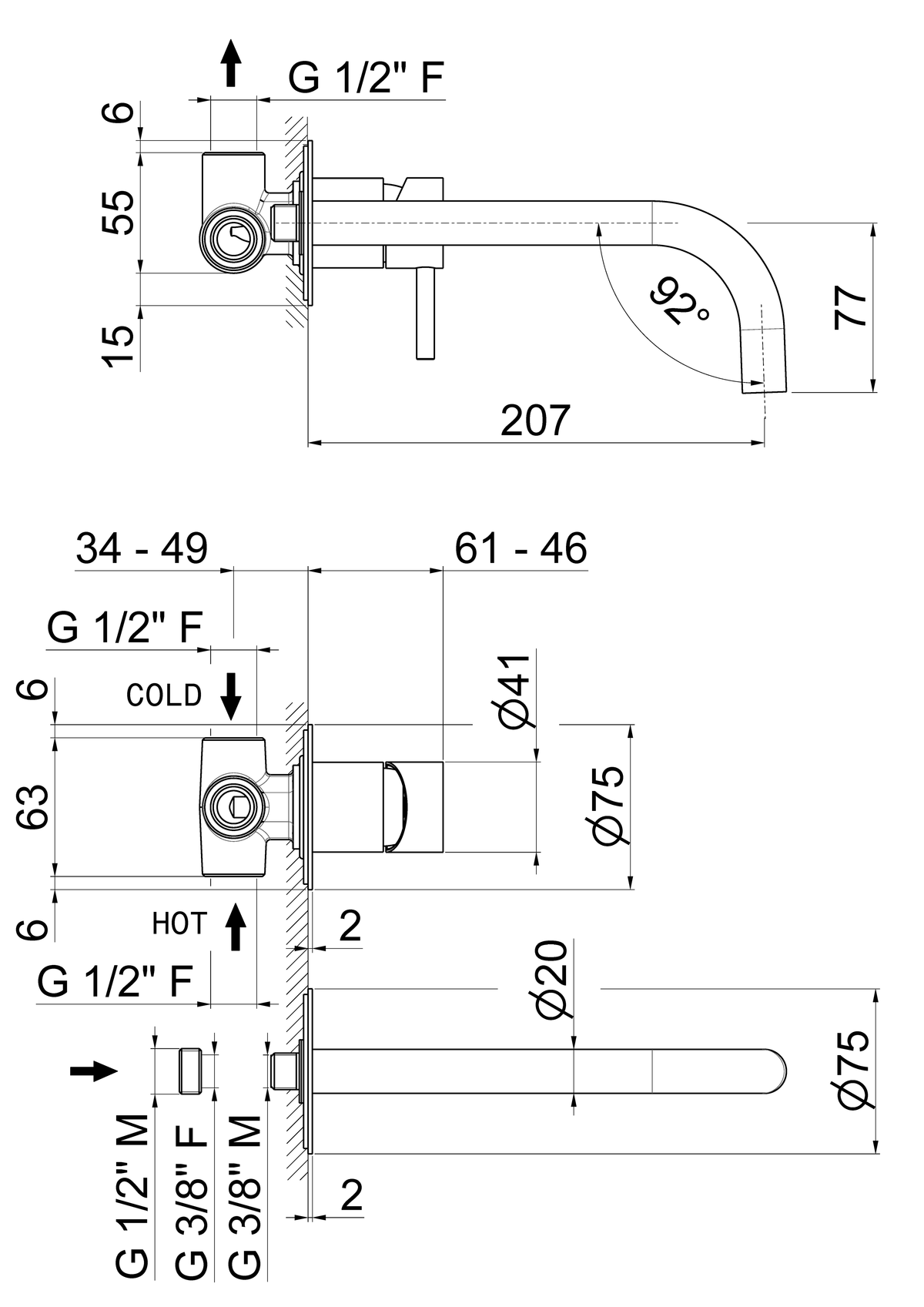 Disegno tecnico Vema V17050 - Miscelatore lavabo a parete senza scarico 207 mm
