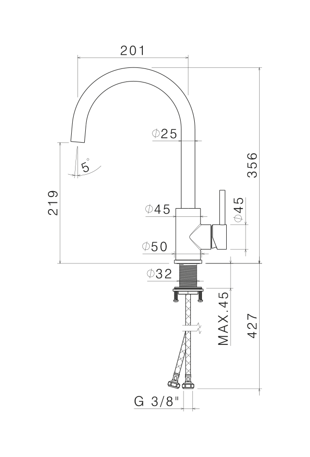 Disegno tecnico Vema V18021 - Miscelatore cucina Tiber Steel Kitchen