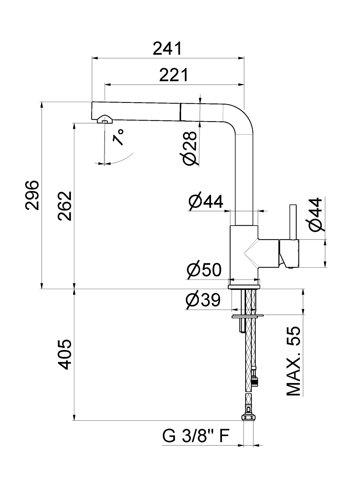 Disegno tecnico Vema V18025 - Miscelatore cucina Riace con doccetta estraibile