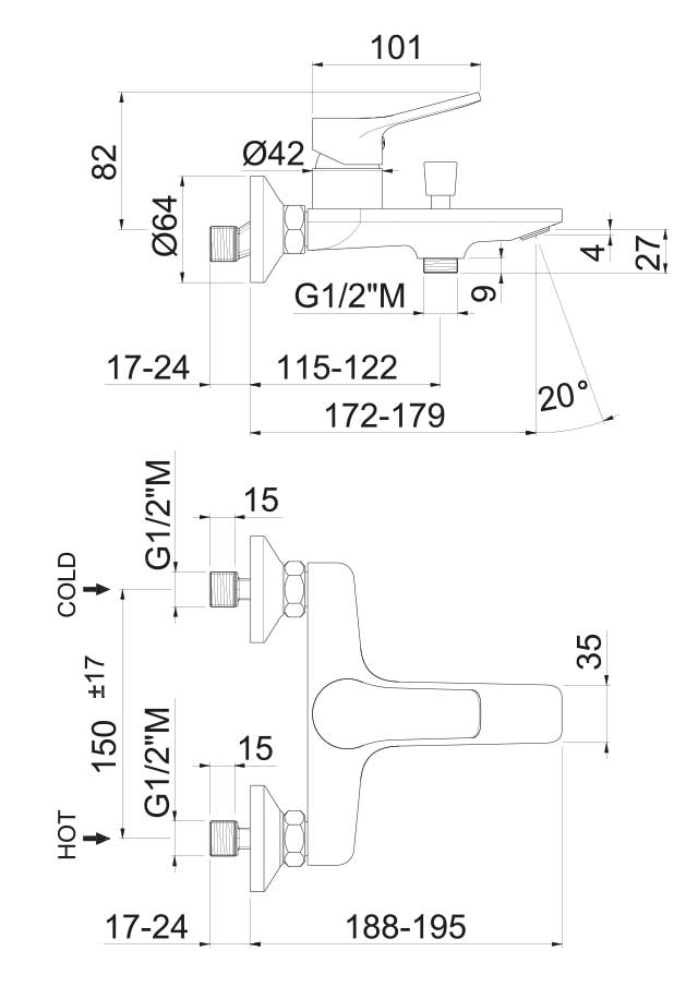 Disegno tecnico Vema V22080 - Miscelatore vasca Paranà esterno