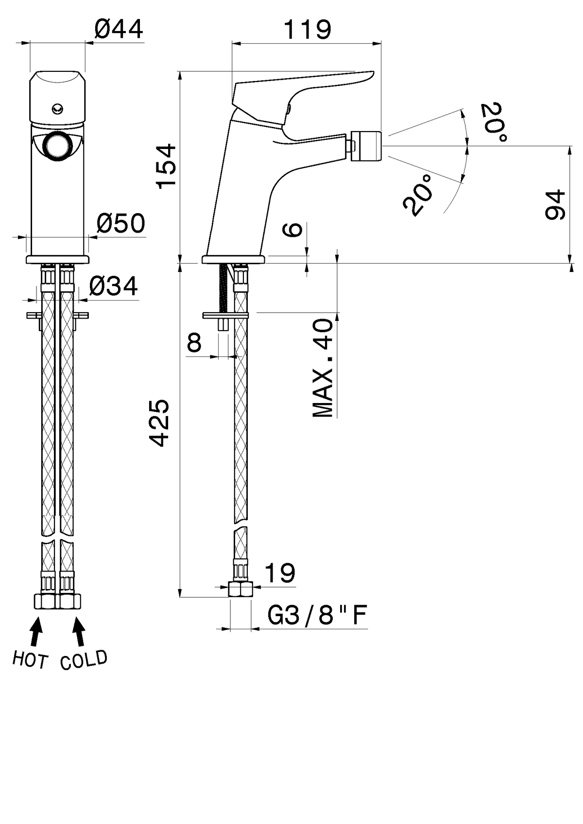 Disegno tecnico Vema V24071 - Miscelatore bidet Indo senza scarico