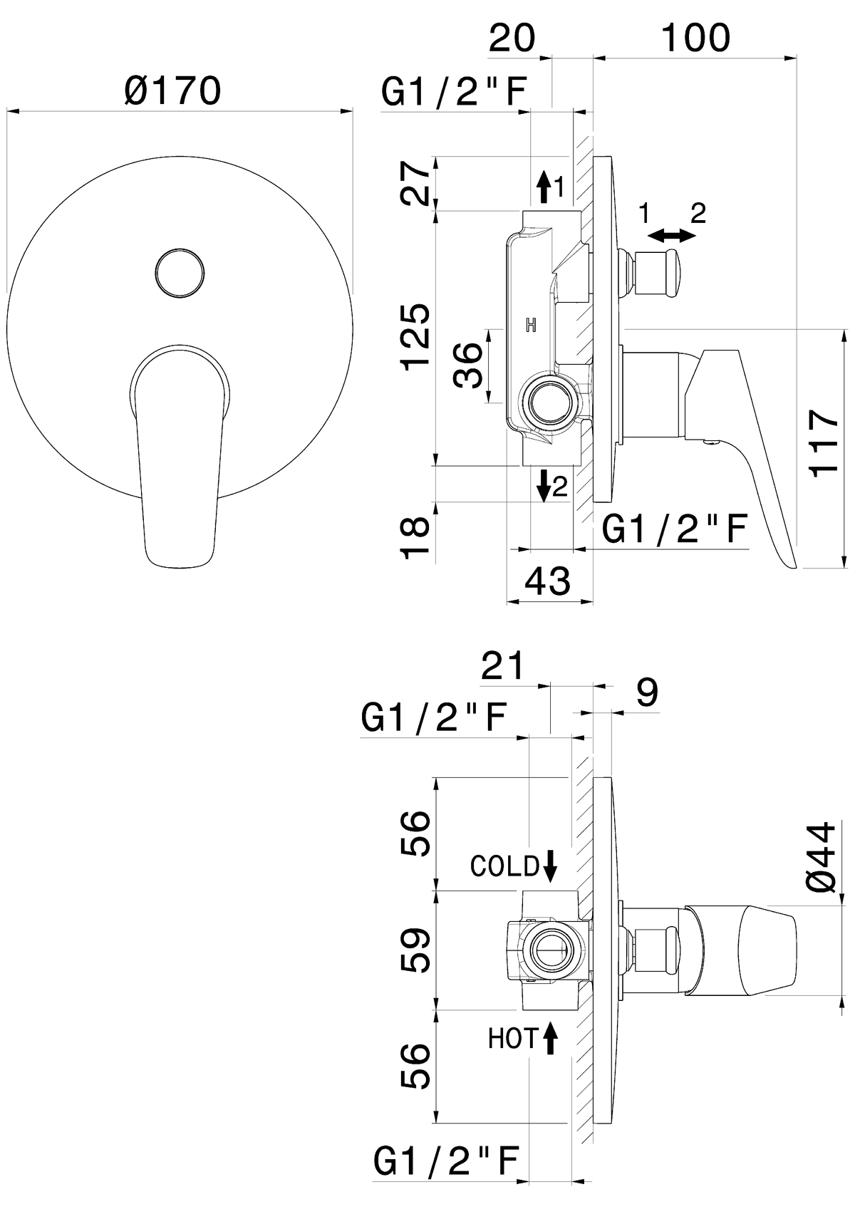 Disegno tecnico Vema V24140 - Miscelatore vasca Indo da incasso