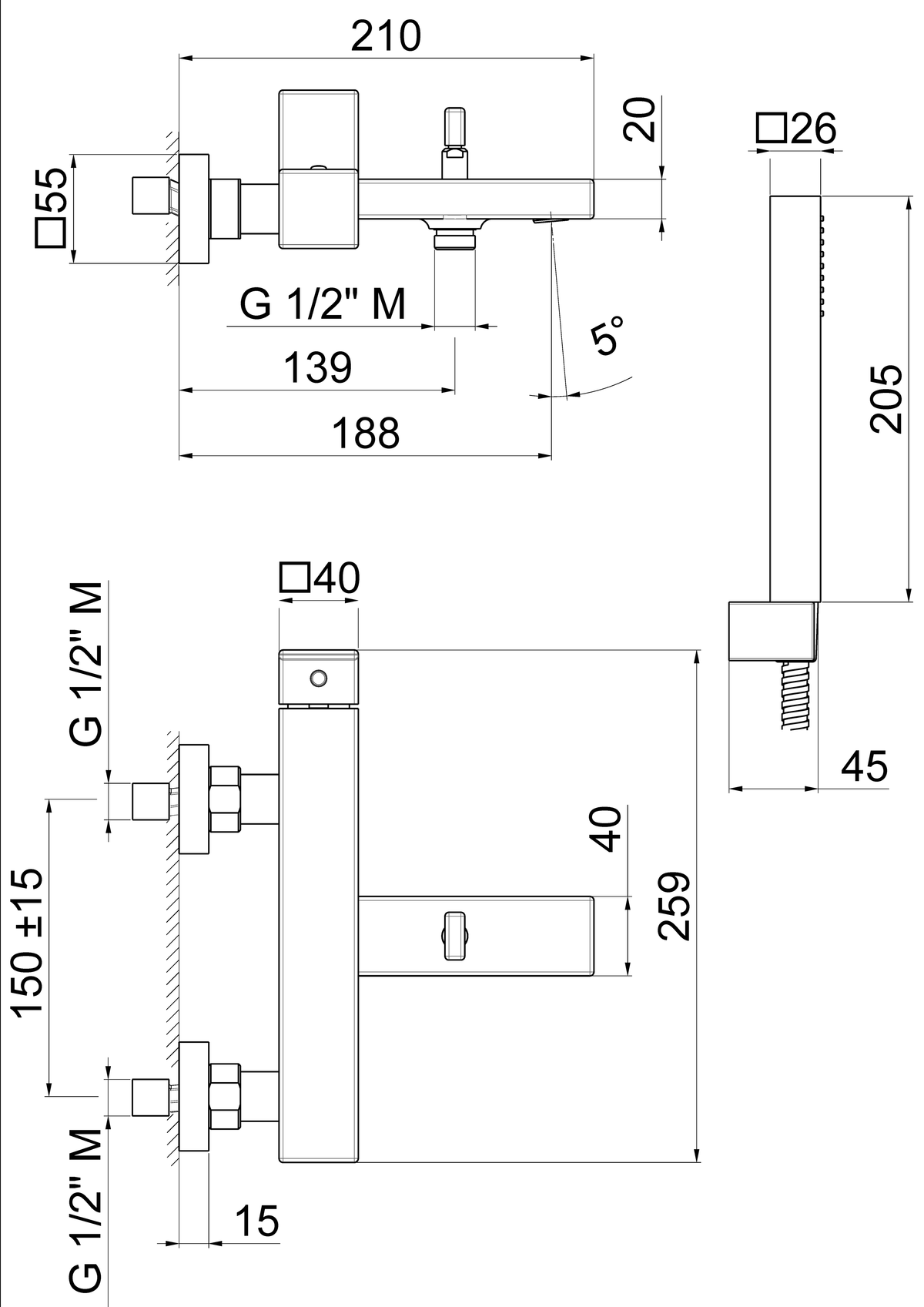 Disegno tecnico Vema V25081 - Supporto doccetta Lys esterno