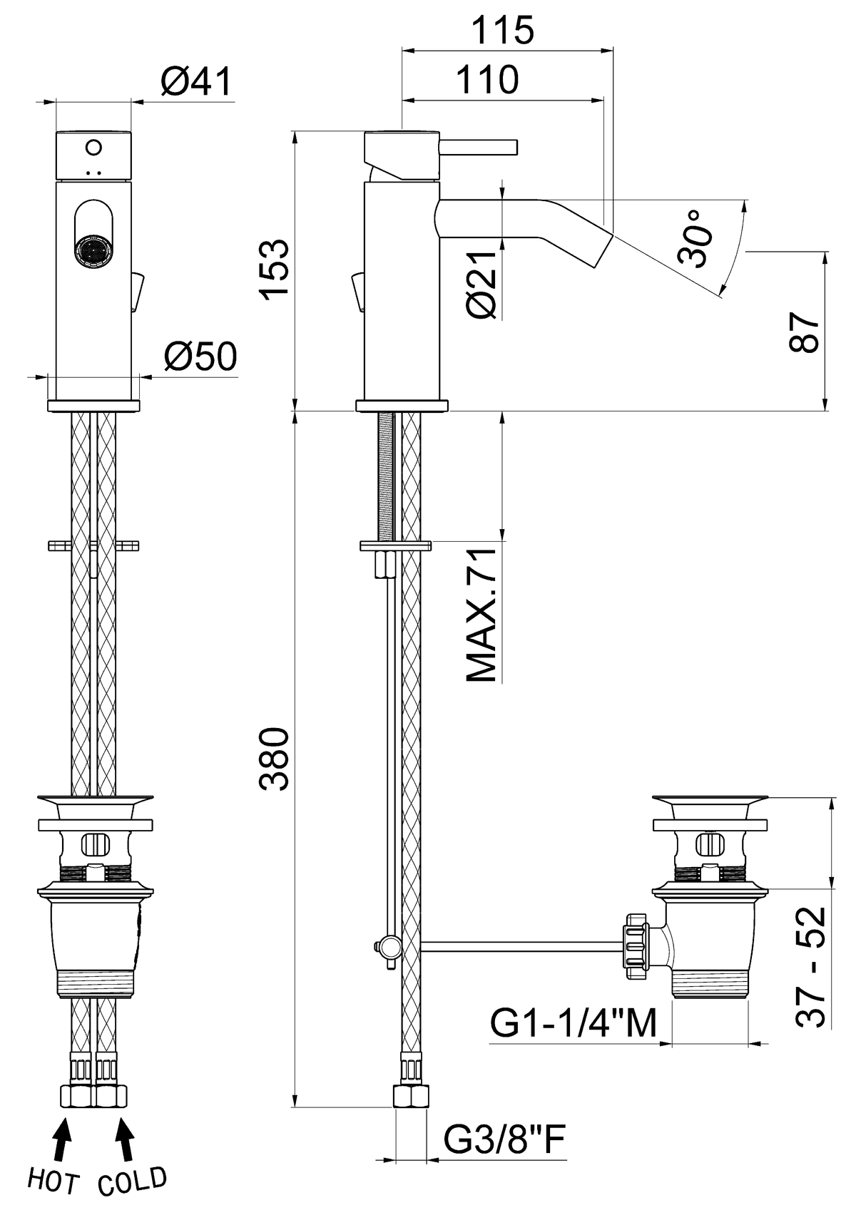 Disegno tecnico Vema V27070 - Miscelatore bidet Maira con scarico