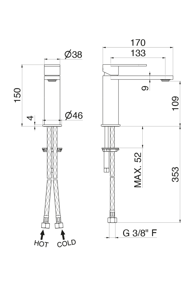 Disegno tecnico Vema V28011 - Miscelatore lavabo Ayas Steel senza scarico