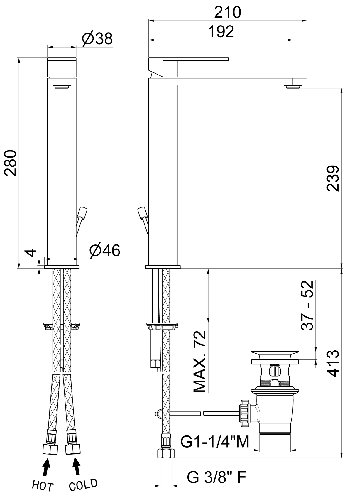 Disegno tecnico Vema V28020 - Miscelatore lavabo Ayas Steel alto con scarico