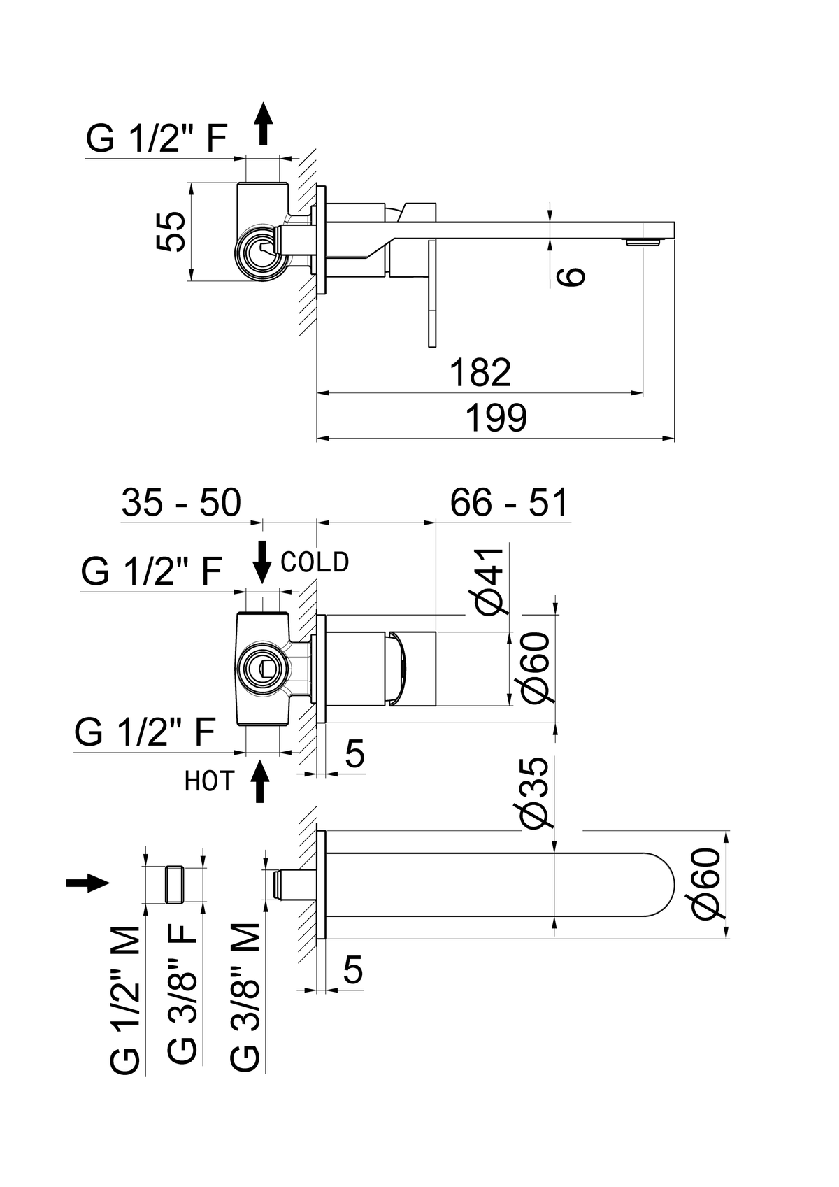 Disegno tecnico Vema V28050 - Miscelatore lavabo Ayas Steel a parete senza scarico 182 mm