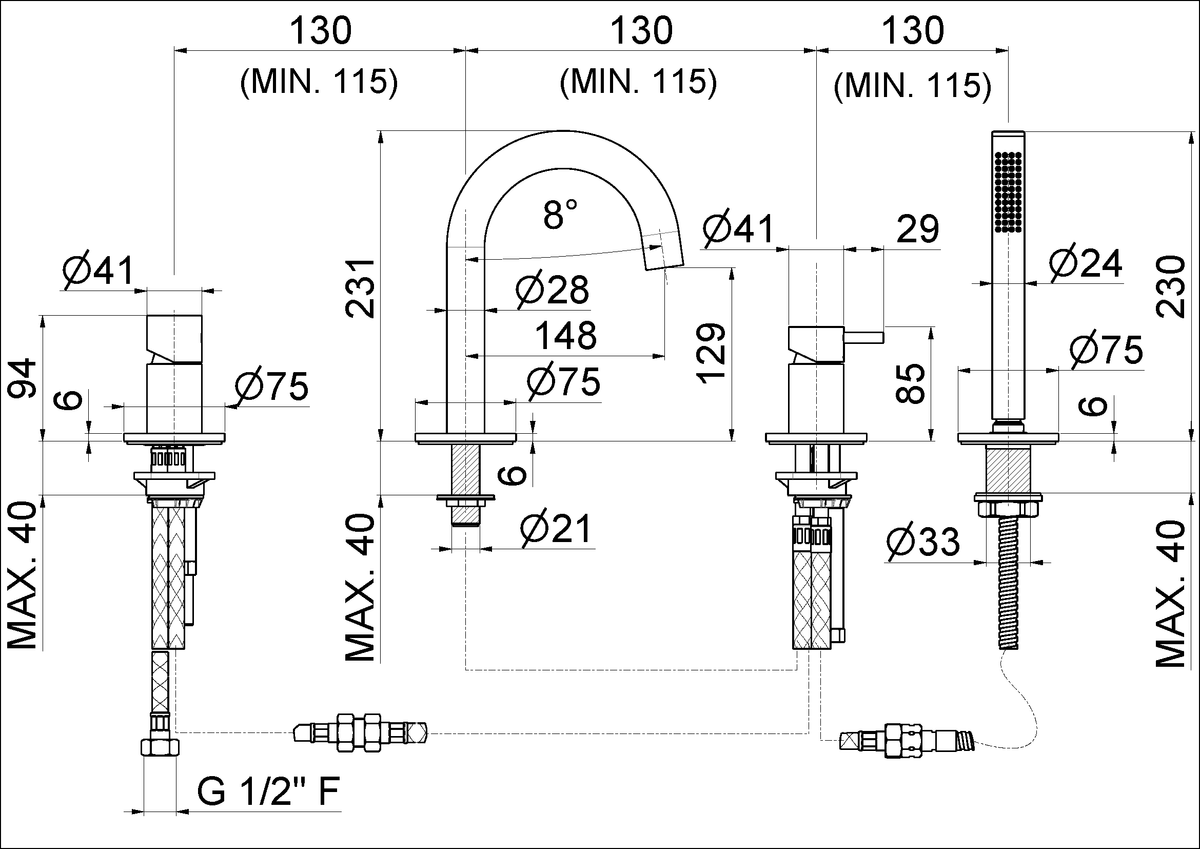 Disegno tecnico Vema V29150 - Miscelatore vasca Veny Steel