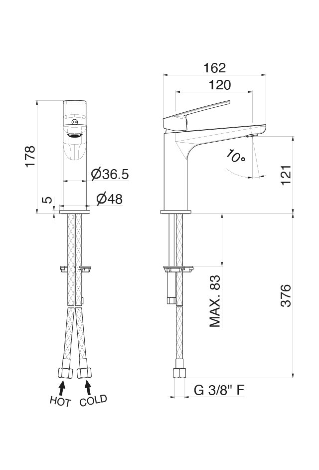 Disegno tecnico Vema V30011 - Miscelatore lavabo Oten senza scarico