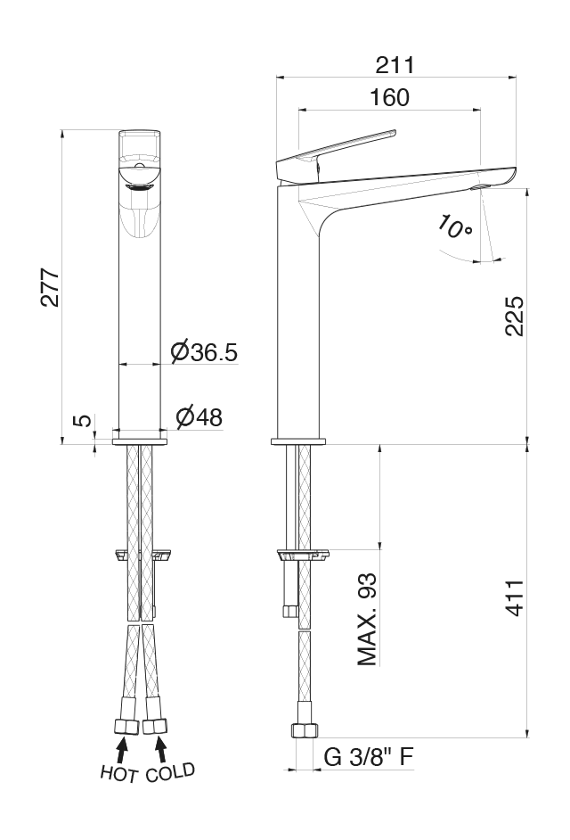 Disegno tecnico Vema V30021 - Miscelatore lavabo Oten alto senza scarico