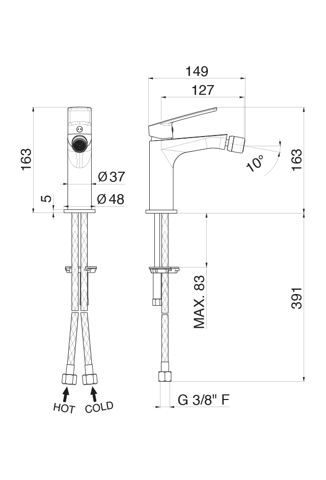 Disegno tecnico Vema V30071 - Miscelatore bidet Oten senza scarico
