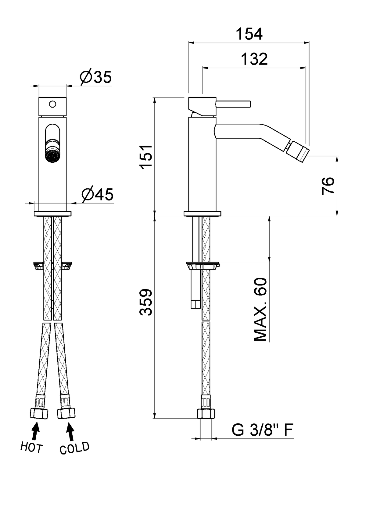 Disegno tecnico Vema V32071 - Miscelatore bidet Otago senza scarico