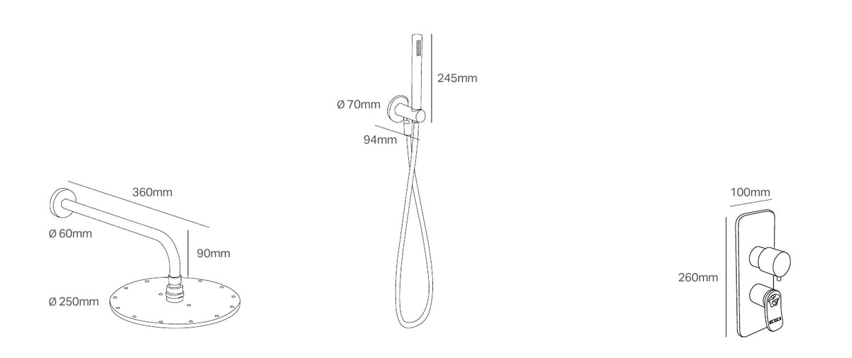 Disegno tecnico PDF con quote - Versace Curvy Set doccia con deviatore a 2 o 3 uscite - finitura non rappresentata
