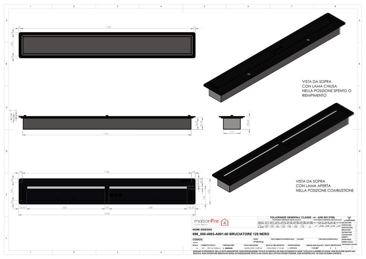 Bruciatore 120 cm Acciaio Nero maisonFire - Scheda tecnica ufficiale maisonFire