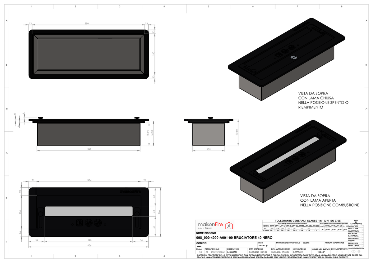 Bruciatore 40 cm Acciaio Nero maisonFire - Scheda tecnica ufficiale maisonFire