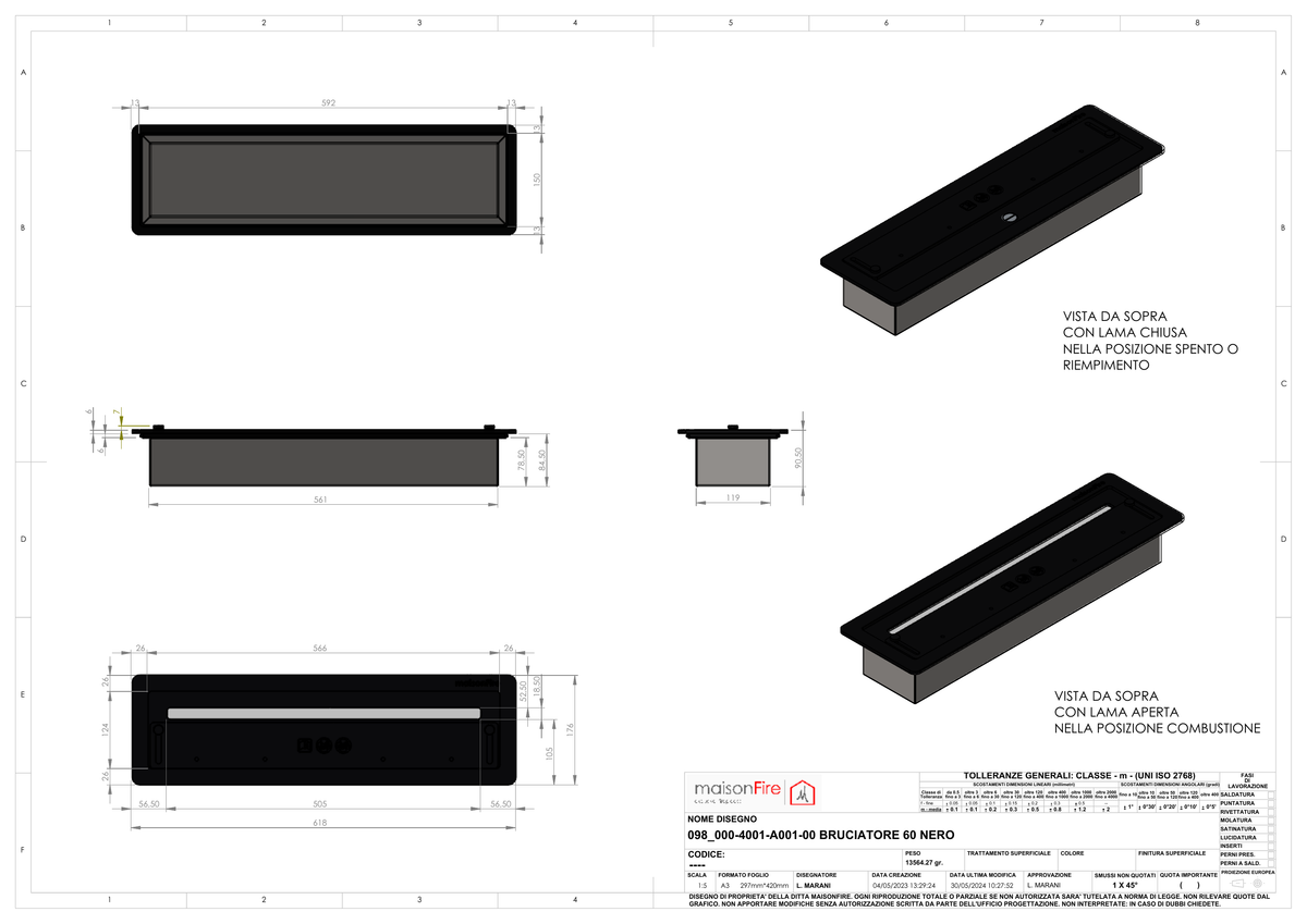 Bruciatore 60 cm Acciaio Nero maisonFire - Scheda tecnica ufficiale maisonFire