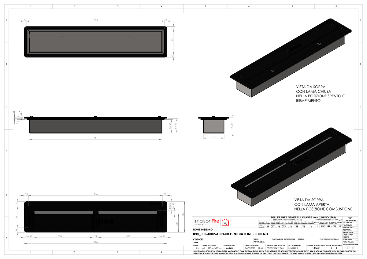 Bruciatore 80 cm Acciaio Nero maisonFire - Scheda tecnica ufficiale maisonFire