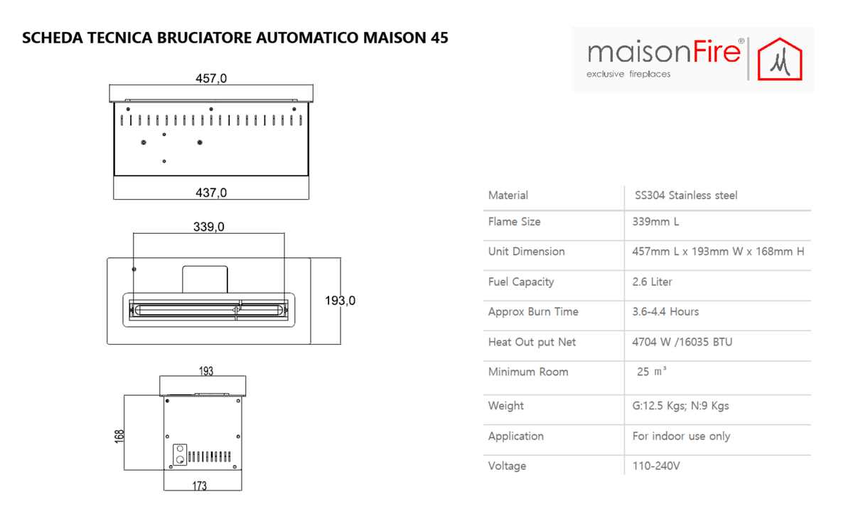 Bruciatore Automatico 45 Nero maisonFire - Scheda tecnica ufficiale maisonFire