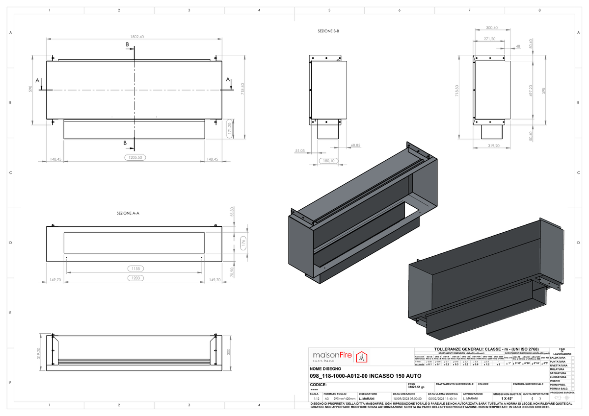 Camino a Bioetanolo Incasso 150 AU maisonFire - Scheda tecnica ufficiale maisonFire