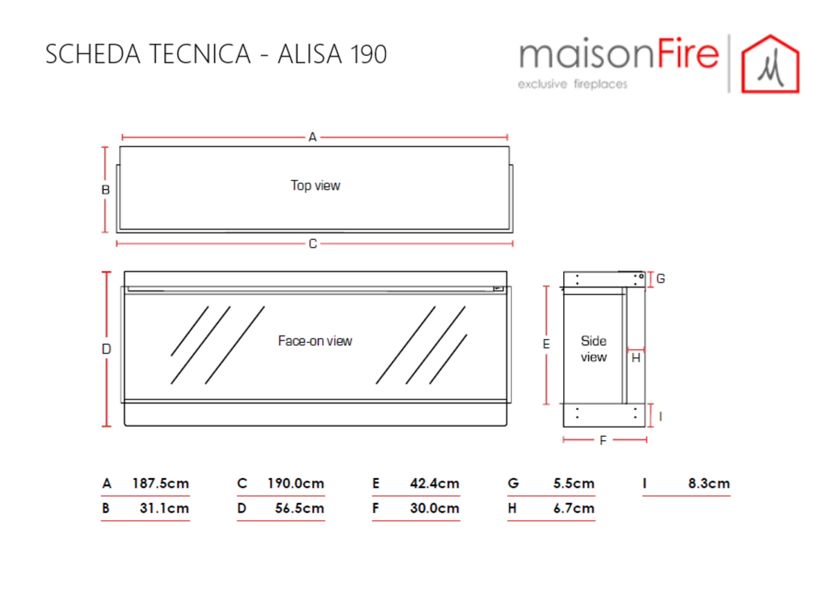 Camino elettrico a LED Alisa 190 maisonFire - Scheda tecnica ufficiale maisonFire