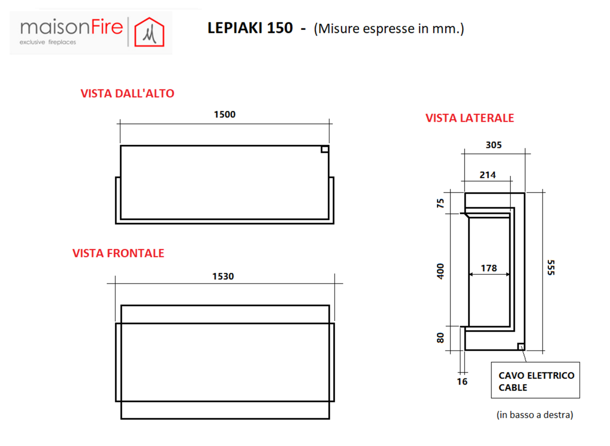 Camino elettrico a LED Lepiaki 150 maisonFire - Scheda tecnica ufficiale maisonFire