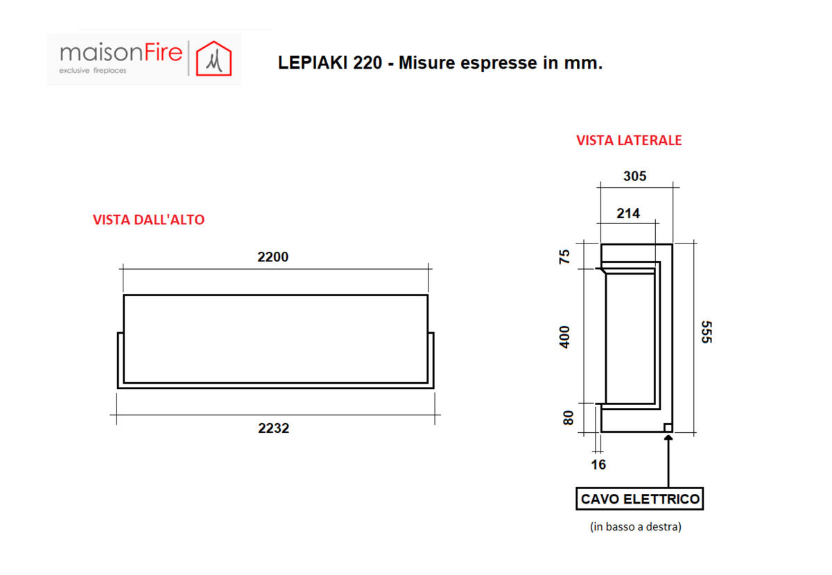 Camino elettrico a LED Lepiaki 220 maisonFire - Scheda tecnica ufficiale maisonFire