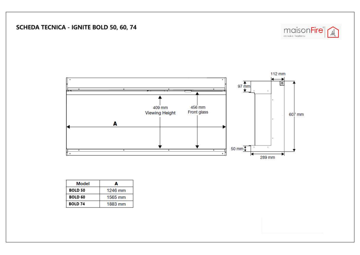Camino elettrico Ignite Bold 60 maisonFire - Scheda tecnica ufficiale maisonFire
