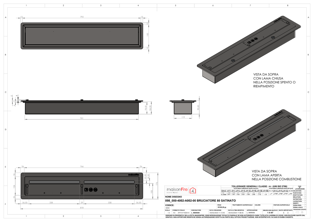 Bruciatore 80 cm Acciaio Satinato maisonFire - Scheda tecnica ufficiale maisonFire