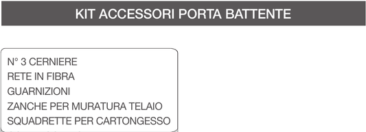 Kit accessori filomuro battente Portalacasa: 3 cerniere, rete in fibra, guarnizioni, zanche e squadrette. Estratto della dotazione del fornitore.