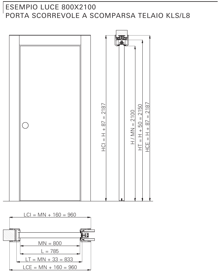 Schema tecnico del kit KLS/L8 Portalacasa, finitura Latte. Esempio 80×210 cm; anta illustrata esclusa dal kit.